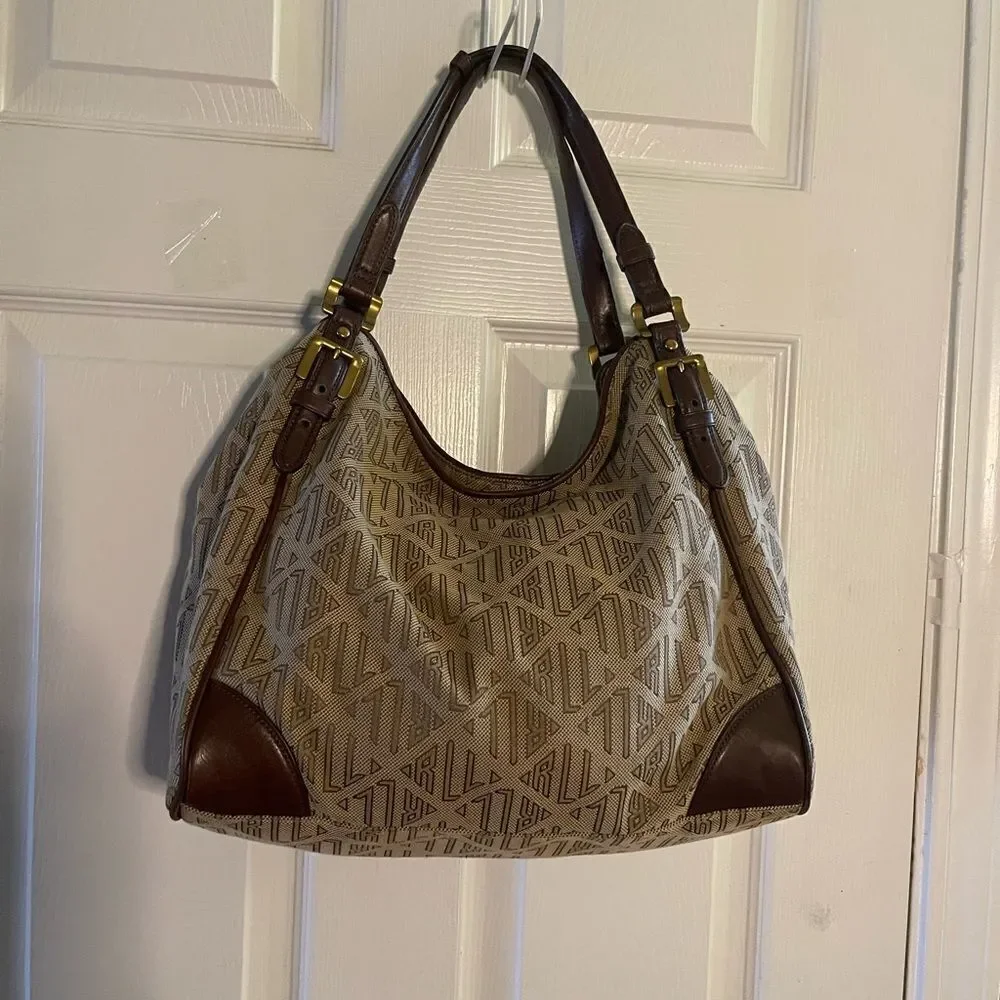 Ralph Lauren Logo Canvas khaki & brown Leather trims Hobo Bag brass hardwares.
